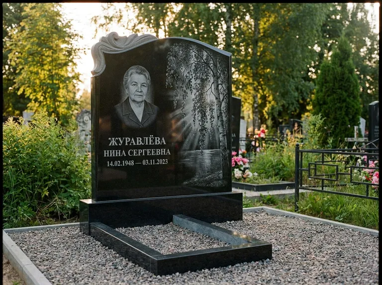 Памятник с гравировкой берёзы: стела с фигурным резным верхом — плакучая берёза в контровом свете, гравийная отсыпка, рассвет, работа «Журавлёва» в Ростове-на-Дону