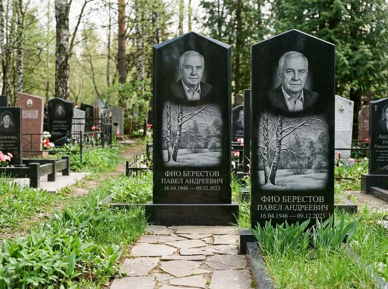 Памятник с гравировкой берёзы: массивная стела с двускатным навершием — зимняя берёза, снег на ветвях, дорожка из природного плитняка, работа «Берестов» в Ростове-на-Дону
