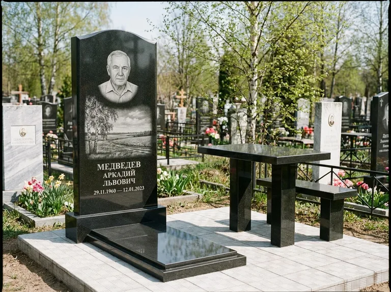 Памятник с гравировкой берёзы: стела с гранитным столиком и скамьёй — берёза у поля, простор до горизонта, семейный участок с плиткой, работа «Медведев» в Ростове-на-Дону