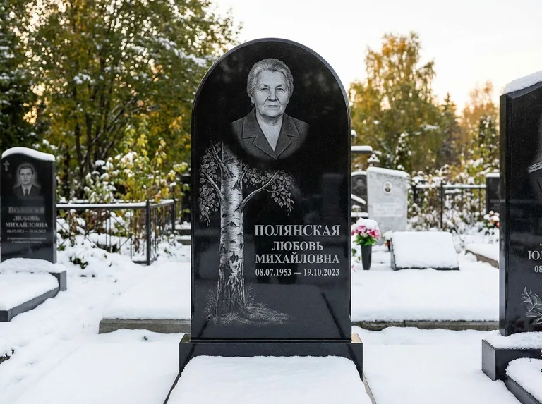 Памятник с гравировкой берёзы: полукруглая стела — объёмная одинокая берёза с фактурной корой, заснеженный зимний участок, работа «Полянская» в Ростове-на-Дону