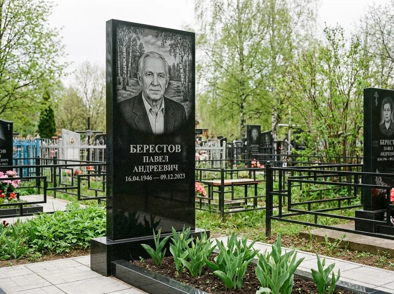 Памятник с гравировкой берёзы — гравировка берёзовой рощи в глубину, работа «Берестов» в Ростове-на-Дону
