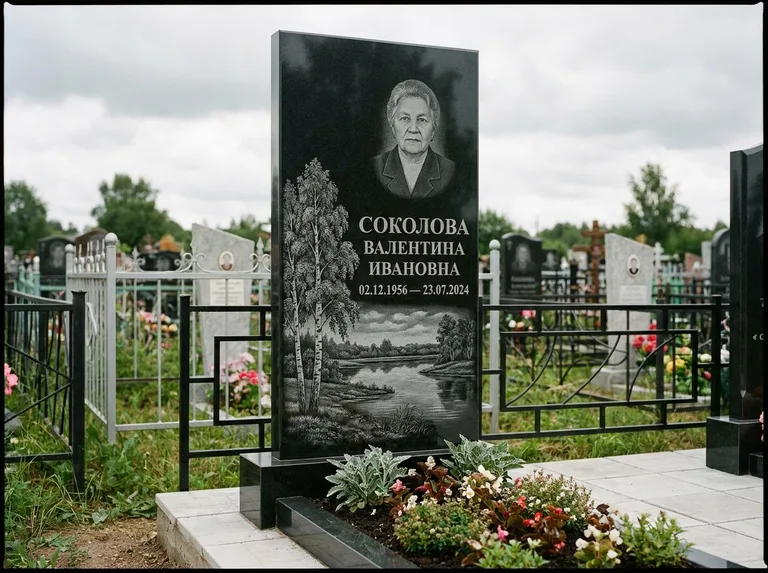 Памятник с гравировкой берёзы — гравировка берёзы у зеркального озера, работа «Соколова» в Ростове-на-Дону