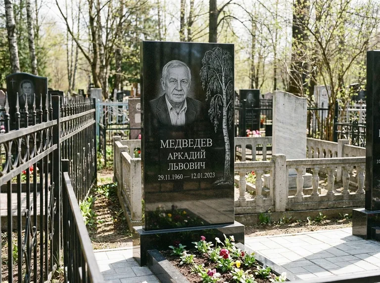 Памятник с гравировкой берёзы — гравировка плакучей берёзы с тонкими ветвями, работа «Медведев» в Ростове-на-Дону