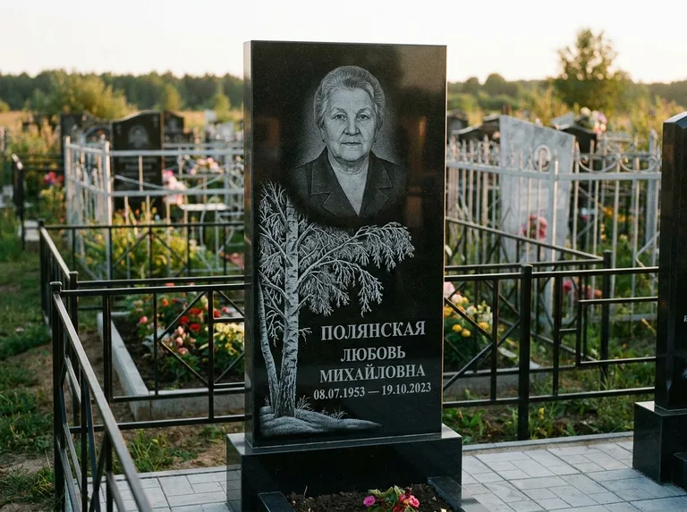 Памятник с гравировкой берёзы — гравировка зимней берёзы в инее, работа «Полянская» в Ростове-на-Дону