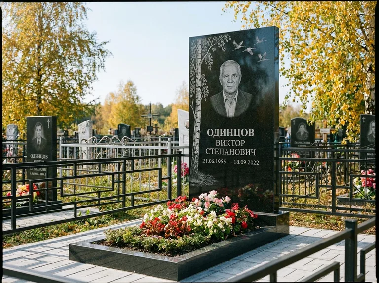 Памятник с гравировкой берёзы — гравировка берёзы с журавлиным клином в небе, работа «Одинцов» в Ростове-на-Дону