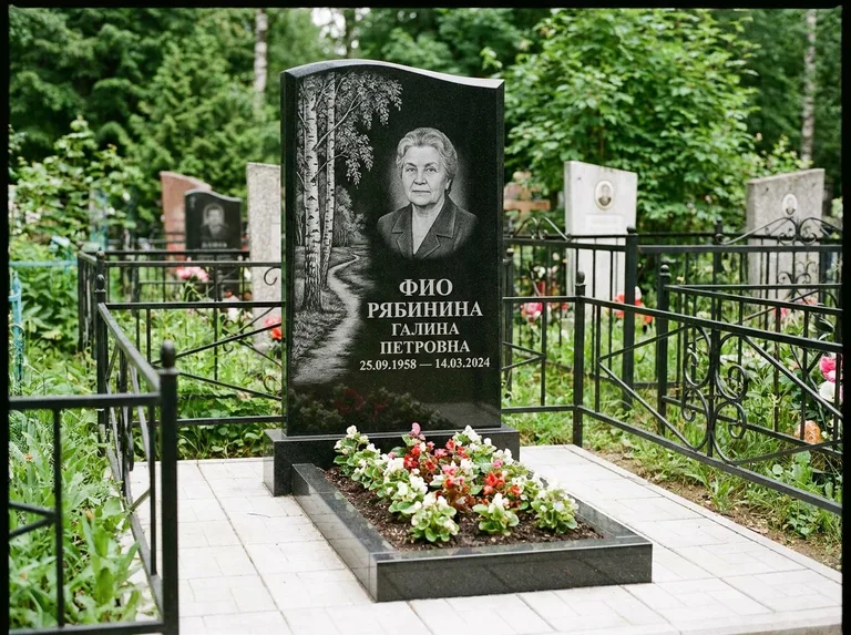 Памятник с гравировкой берёзы — гравировка берёзы у тропинки, уходящей вдаль, работа «Рябинина» в Ростове-на-Дону