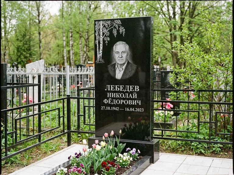 Памятник с гравировкой берёзы — гравировка одинокой берёзы над именем, работа «Лебедев» в Ростове-на-Дону
