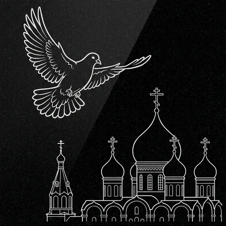 Эскиз гравировки голубей на памятник — голубь в небе над храмом в Ростове-на-Дону