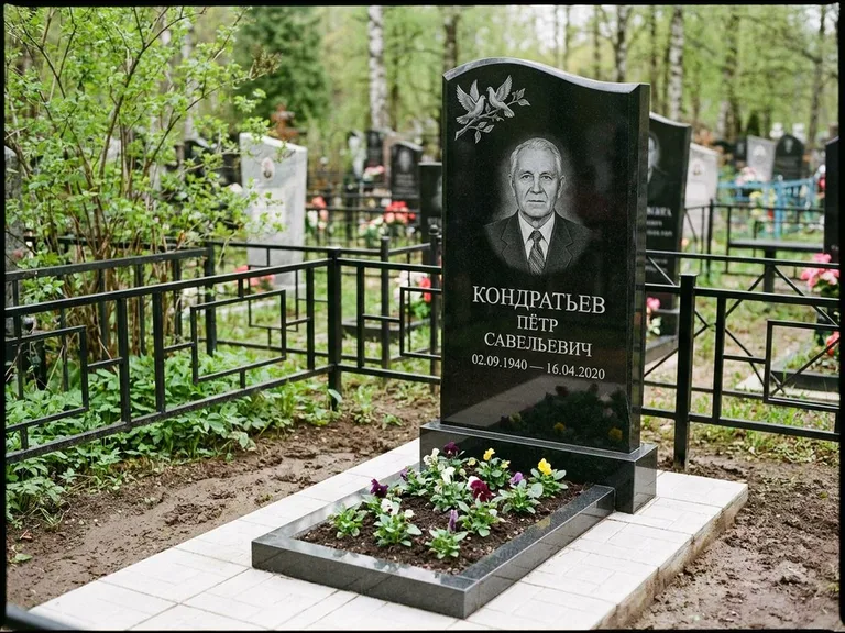 Памятник с гравировкой голубей — гравировка пары голубей на ветке в верхнем углу стелы, работа «Кондратьев» в Ростове-на-Дону