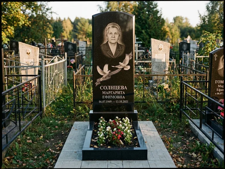Памятник с гравировкой голубей — гравировка двух летящих голубей с лентой по диагонали стелы, работа «Солнцева» в Ростове-на-Дону