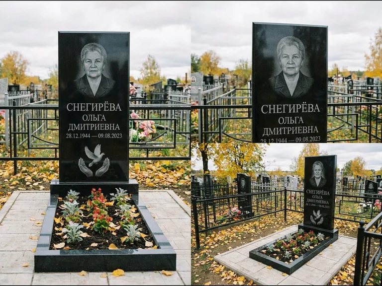 Памятник с гравировкой голубей — гравировка голубя над раскрытыми ладонями внизу стелы, работа «Снегирёва» в Ростове-на-Дону