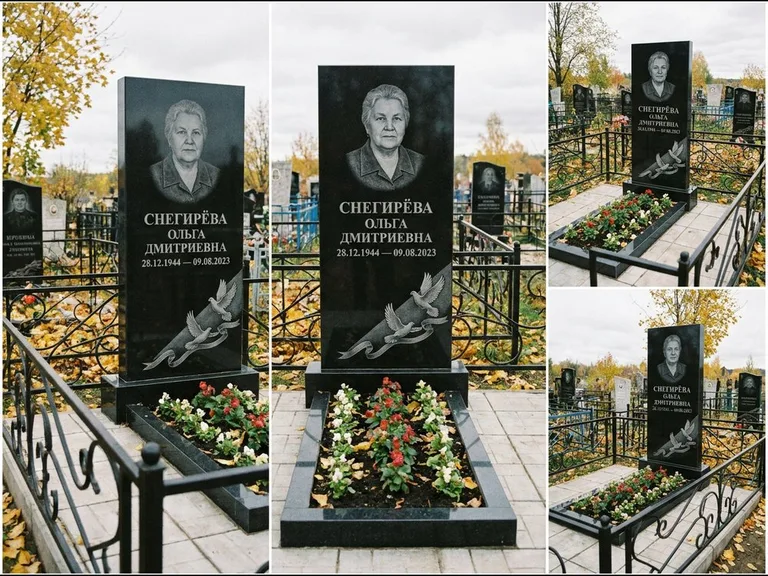 Памятник с гравировкой голубей — гравировка двух летящих голубей с лентой по диагонали стелы, работа «Снегирёва» в Ростове-на-Дону