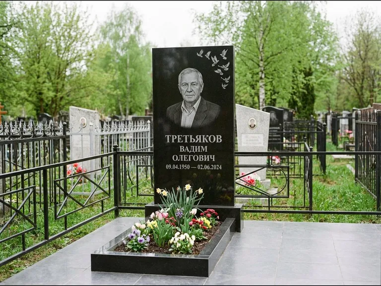 Памятник с гравировкой голубей — гравировка стаи голубей, взлетающей от угла стелы, работа «Третьяков» в Ростове-на-Дону