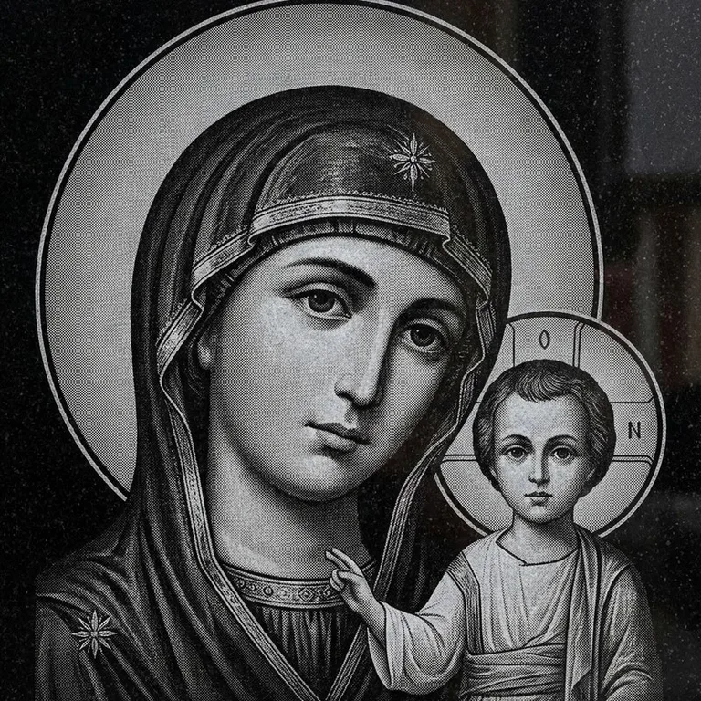 Эскиз иконы: Казанская (полутон) — детальный образ Богородицы, гравировка на памятник в Ростове-на-Дону
