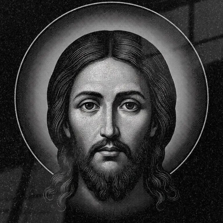Эскиз иконы: Спас Нерукотворный (полутон) — детальный лик на убрусе, гравировка на памятник в Ростове-на-Дону