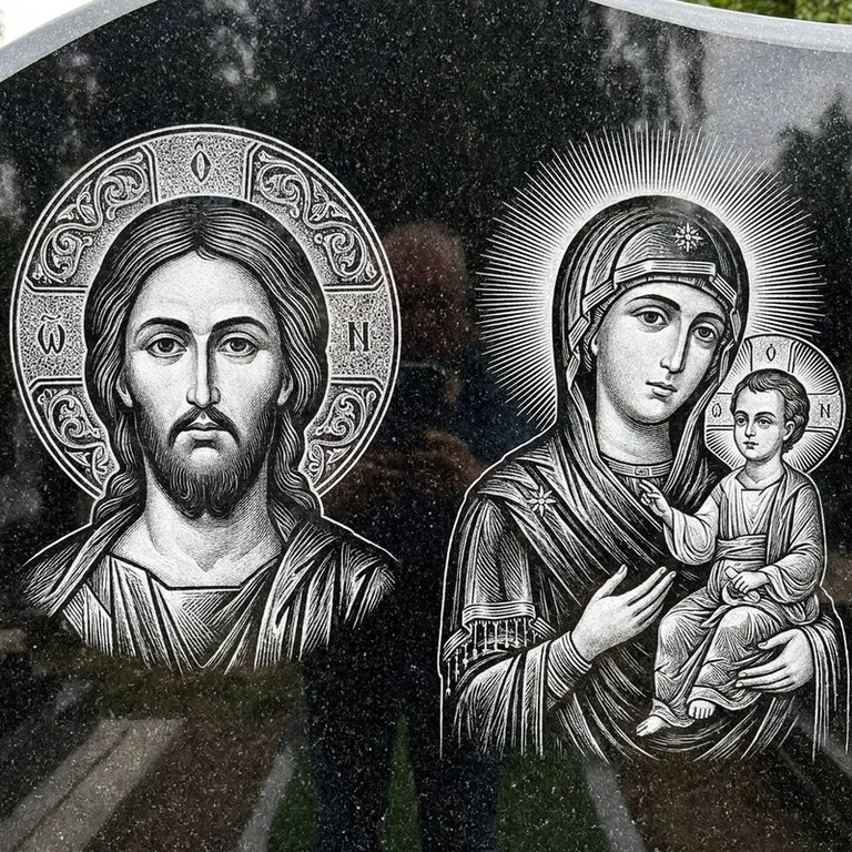 Эскиз иконы: Спаситель и Богородица — парные образы симметрично, гравировка на памятник в Ростове-на-Дону
