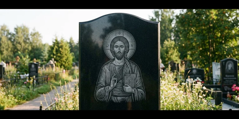 Иконы для гравировки на памятник в Ростове-на-Дону — образ на стеле из чёрного гранита с ручной доводкой лика