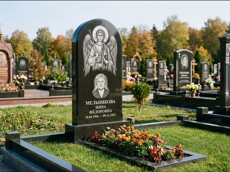 Памятник с гравировкой иконы — икона над портретом усопшего, работа «Журавлёв» в Ростове-на-Дону