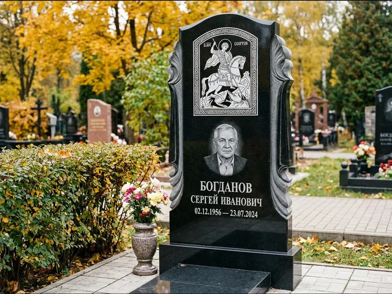 Памятник с гравировкой иконы — икона Спаса Вседержителя над именем усопшего, работа «Лебедева» в Ростове-на-Дону