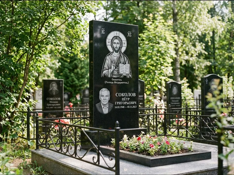 Памятник с гравировкой иконы — икона Спаса Вседержителя над именем усопшего, работа «Воронцова» в Ростове-на-Дону