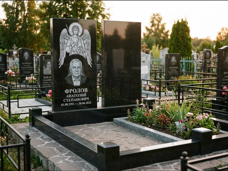 Памятник с гравировкой иконы: стела с резной рамкой вокруг иконы — Архангел Михаил на стеле, белая мраморная крошка с бордюром, работа «Богданова» в Ростове-на-Дону
