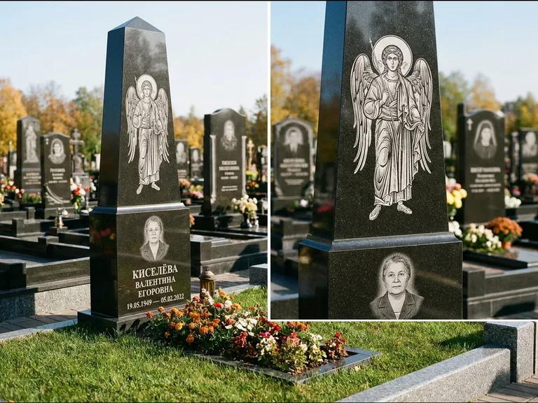 Памятник с гравировкой иконы: асимметричная скошенная стела — гравировка образа Спасителя, живая изгородь из кустарника, работа «Третьяков» в Ростове-на-Дону