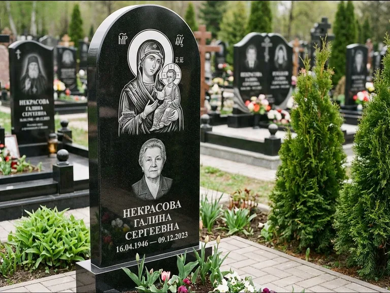 Памятник с гравировкой иконы: фигурная стела с киот-нишей под икону — икона в резной рамке-киоте, светлая гравийная отсыпка, работа «Журавлёв» в Ростове-на-Дону