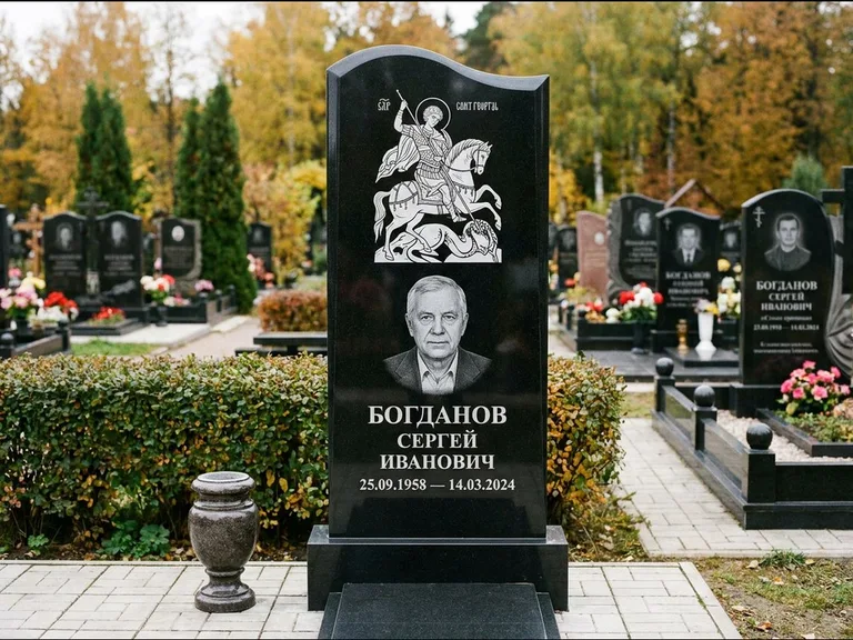 Памятник с гравировкой иконы: монументальный семейный мемориал из двух стел на общем цоколе — гравировка Николая Чудотворца, мощёная гранитная площадка без ограды, работа «Раевская» в Ростове-на-Дону