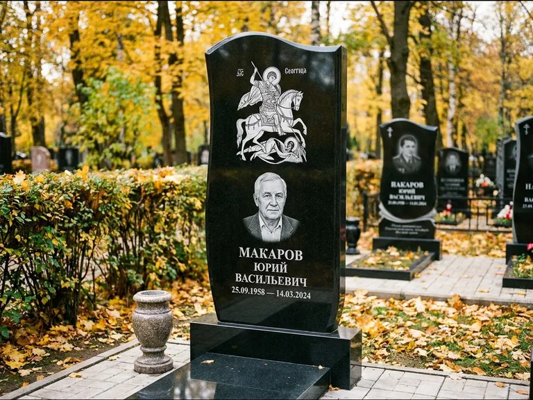 Памятник с гравировкой иконы — икона над портретом усопшего, работа «Раевская» в Ростове-на-Дону