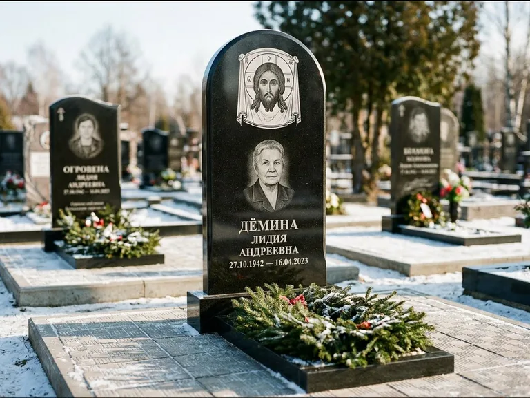 Памятник с гравировкой иконы — икона Спаса Вседержителя над именем усопшего, работа «Ковалёв» в Ростове-на-Дону