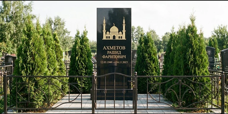 Гравировка мечети на памятник в Ростове-на-Дону — стела из чёрного гранита, оформление по канонам ислама