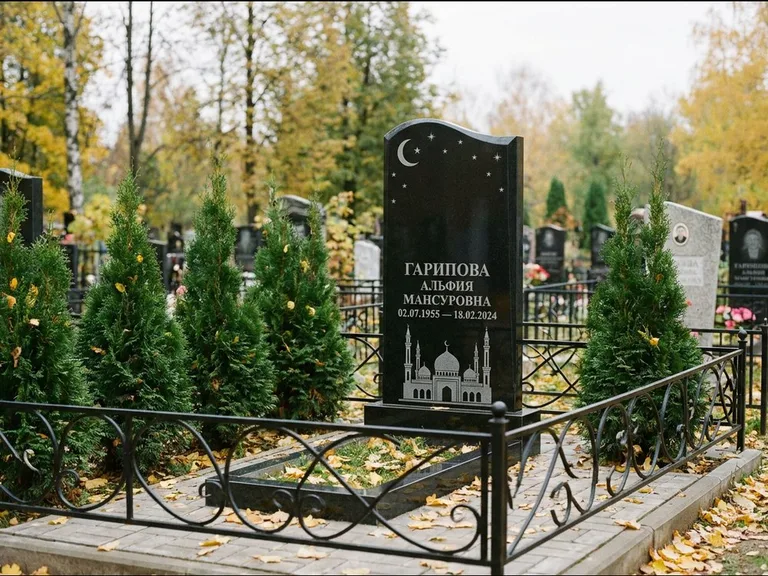 Мусульманский памятник с гравировкой мечети — мечеть с луной в ночном небе, работа «Гарипова» в Ростове-на-Дону