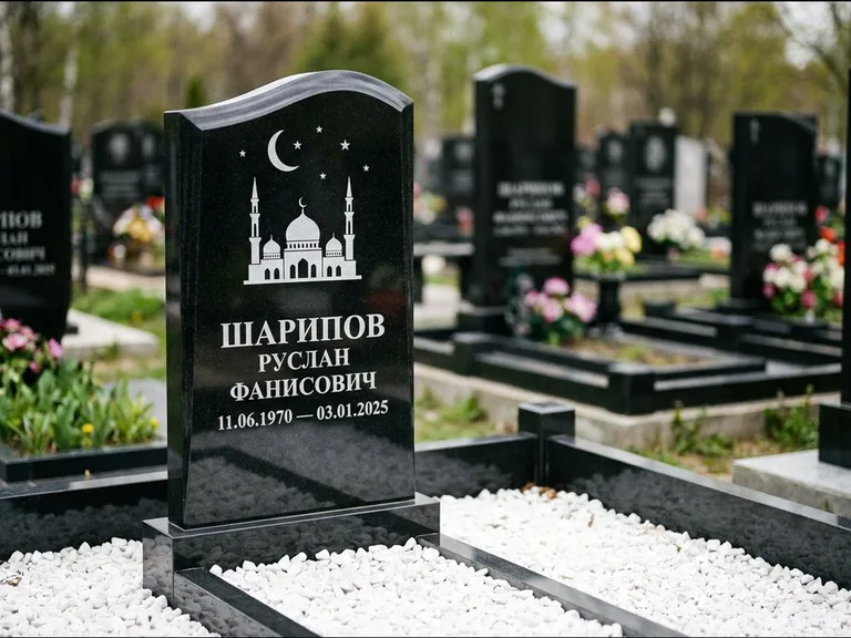 Мусульманский памятник с гравировкой мечети: стела с волнообразным скошенным верхом — гравировка мечети под полумесяцем и звёздами, белая мраморная крошка с бордюром, работа «Шарипов» в Ростове-на-Дону