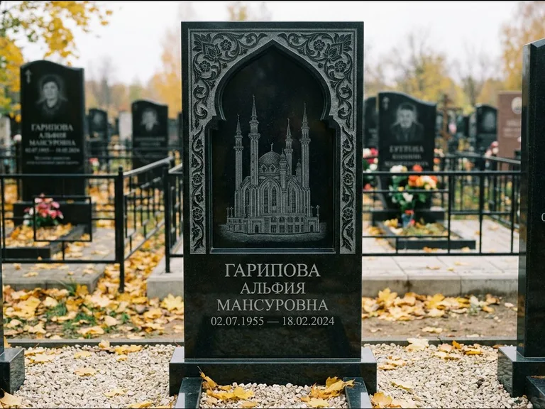Мусульманский памятник с гравировкой мечети: фигурная стела с михраб-нишей — гравировка мечети в михраб-арке с орнаментом, светлая гравийная отсыпка, работа «Гарипова» в Ростове-на-Дону