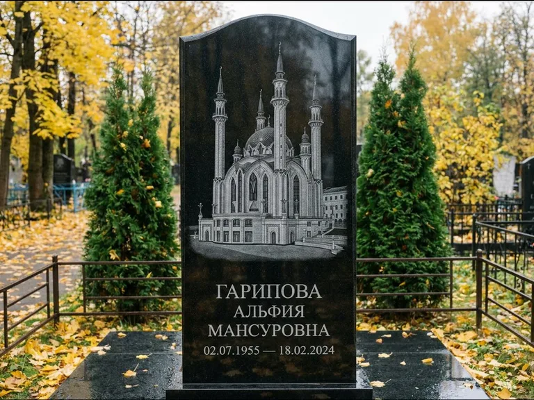 Мусульманский памятник с гравировкой мечети — мечеть Кул-Шариф на обороте стелы, работа «Гарипова» в Ростове-на-Дону