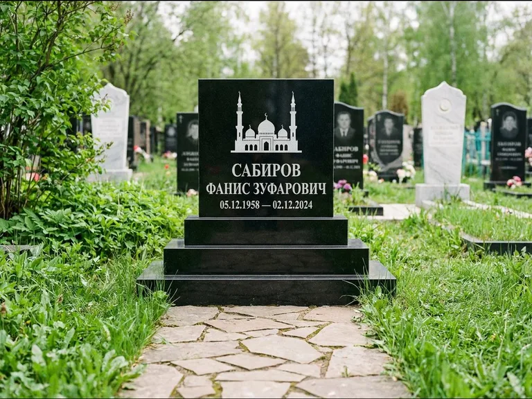 Мусульманский памятник с гравировкой мечети: ступенчатая трёхуровневая стела — золочёная гравировка мечети, дорожка из природного плитняка, работа «Юсупов» в Ростове-на-Дону