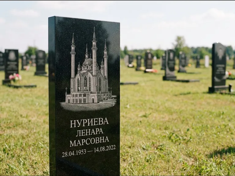 Мусульманский памятник с гравировкой мечети: узкая вертикальная стела-пилон — гравировка мечети в михраб-арке с орнаментом, открытая лужайка без ограды, работа «Хайруллина» в Ростове-на-Дону