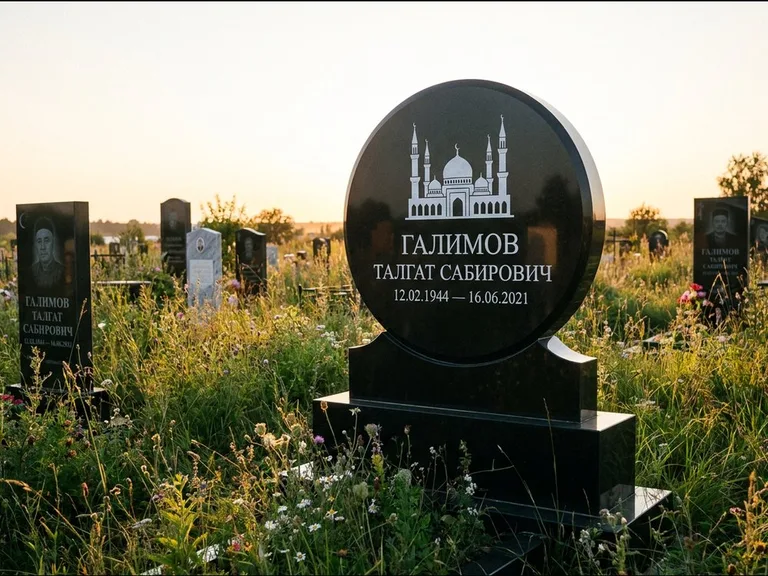 Мусульманский памятник с гравировкой мечети: округлая стела-медальон на тумбе — гравировка мечети в михраб-арке с орнаментом, луговые травы и полевые цветы, работа «Каримов» в Ростове-на-Дону