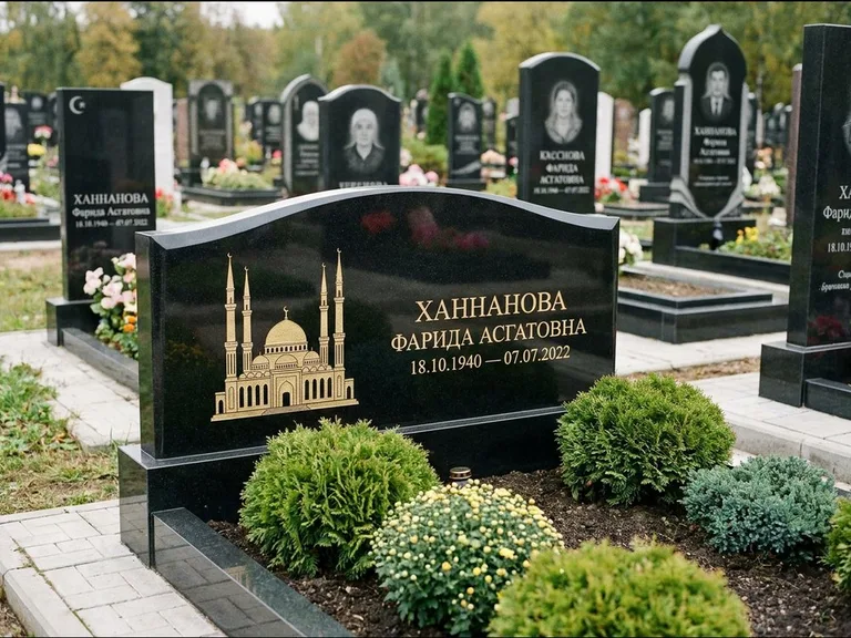Мусульманский памятник с гравировкой мечети: вытянутая горизонтальная семейная стела с аркой — белая гравировка силуэта мечети с минаретами, участок с декоративными кустами, работа «Гарипова» в Ростове-на-Дону
