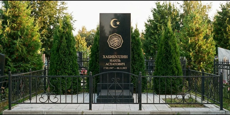 Гравировка на мусульманском памятнике в Ростове-на-Дону — стела из чёрного гранита, оформление по канонам ислама