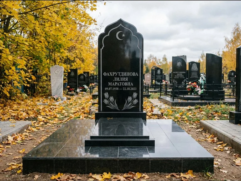 Мусульманский памятник: стела с михраб-навершием в форме арки — гравировка минарета с полумесяцем, гранитный цоколь с тёмной плиткой, работа «Фахрутдинова» в Ростове-на-Дону