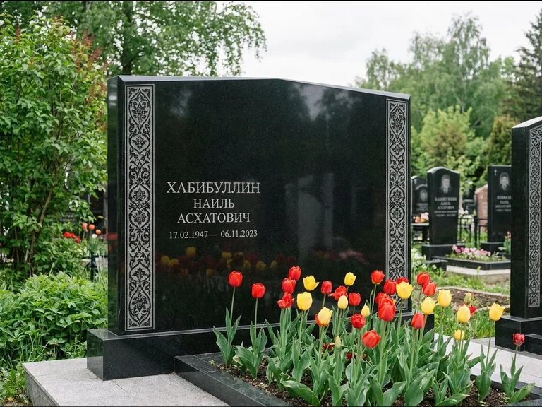 Мусульманский памятник: широкая двойная семейная стела — золочёная гравировка мечети, цветник с тюльпанами, работа «Хабибуллин» в Ростове-на-Дону