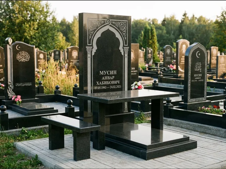 Мусульманский памятник: стела с гранитным столиком и скамьёй — гравировка мечети под полумесяцем и звёздами, семейный участок с плиткой, работа «Гимаев» в Ростове-на-Дону