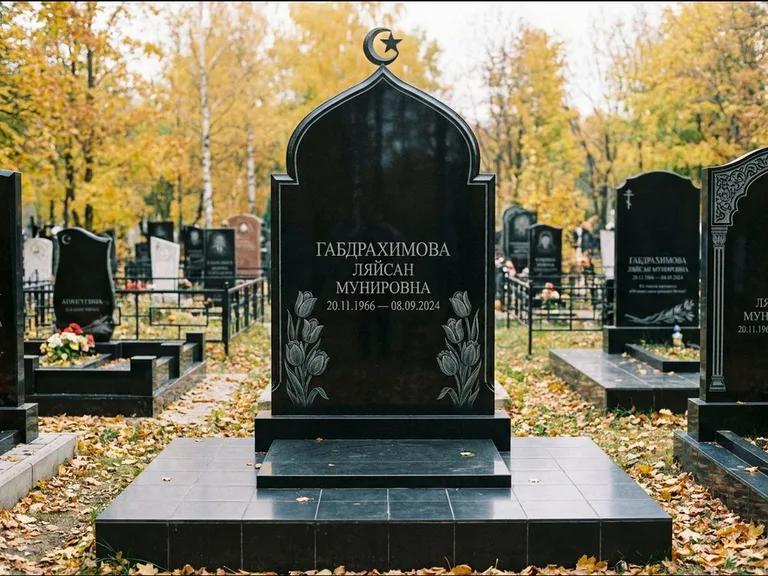 Мусульманский памятник: массивная стела с михраб-навершием — белая гравировка силуэта мечети с минаретами, цоколь тёмной плиткой, работа «Магомедова» в Ростове-на-Дону