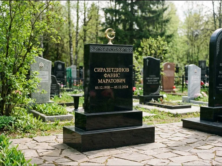 Мусульманский памятник: ступенчатая трёхуровневая стела — золочёная гравировка мечети, дорожка из природного плитняка, работа «Мустафин» в Ростове-на-Дону
