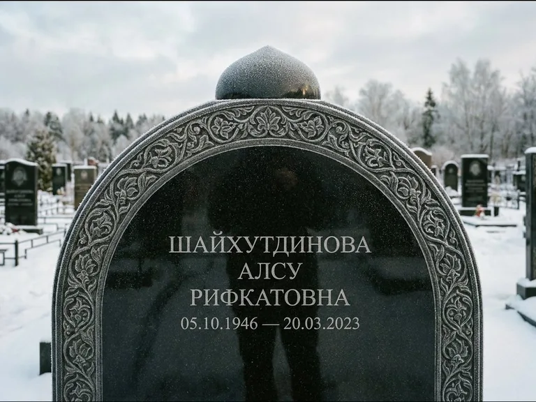 Мусульманский памятник: полукруглая стела с купольным навершием — гравировка мечети под полумесяцем и звёздами, заснеженный зимний участок, работа «Ганиева» в Ростове-на-Дону