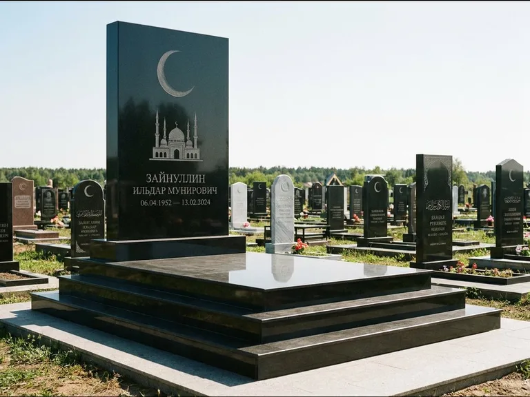 Мусульманский памятник: массивная стела на ступенчатом постаменте — гравировка мечети под полумесяцем и звёздами, гранитная площадка без ограды, работа «Хабибуллин» в Ростове-на-Дону