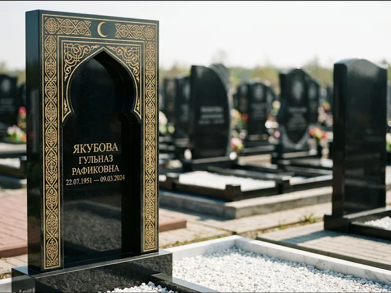 Мусульманский памятник: стела в форме михраба с глубокой нишей и золочёным орнаментом — детализированная гравировка мечети Кул-Шариф, участок с белой мраморной крошкой, работа «Мустафин» в Ростове-на-Дону