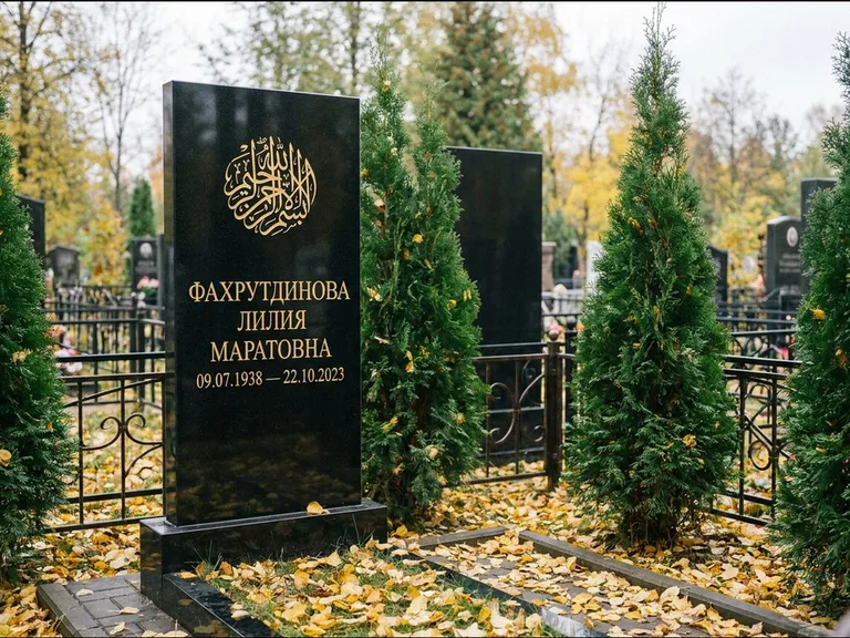 Мусульманский памятник — шахада в верхней части стелы, работа «Фахрутдинова» в Ростове-на-Дону
