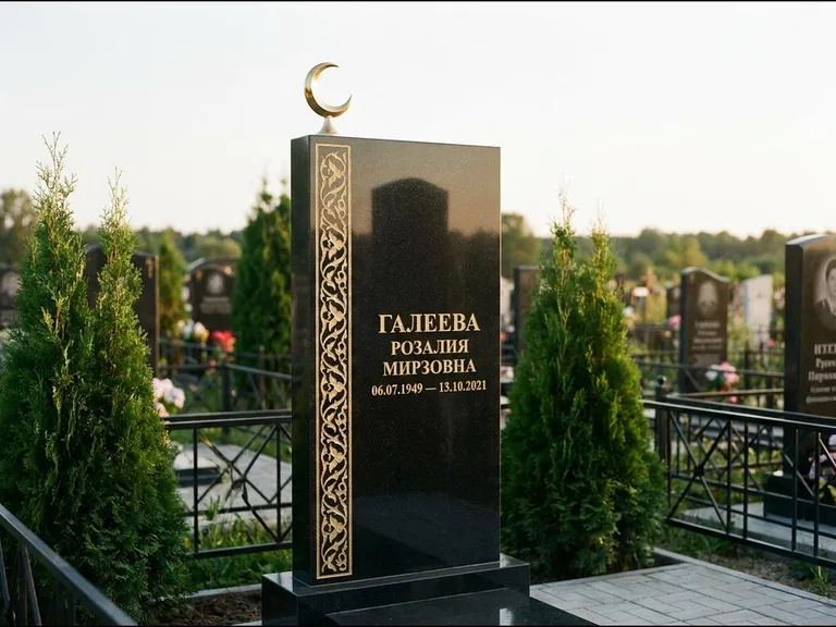Памятник с гравировкой полумесяца — золочёный полумесяц и колонна растительного орнамента-ислими, работа «Галеева» в Ростове-на-Дону
